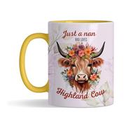 Just A Nan Who Loves Highland Cow, Mother’s Day Gift, Inside Coloured Coffee, Tea Mug. (Yellow)