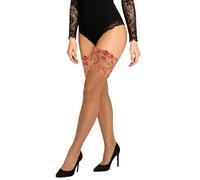 JUST BEAUTY TOUCH Deep Lace Top Contrast Hold Ups - Hold Up Stockings for Women - 20 Denier Thigh High with Double Silicone Stay-Up Bands - Sheer Black & Visone Nude - Sizes S/M, M/L, XL/2XL, 3XL/4XL