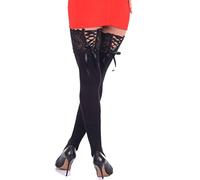JUST BEAUTY TOUCH Hold ups 100 Denier Microfibre Opaque Deep Lace Top New Size M - XXL (Nero/Nero Ribbon, XL/XXL)