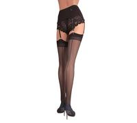 JUST BEAUTY TOUCH Thigh High Sheer Stockings for Garter Belt with Back Seam - Women 20 Denier Lingerie Socks with Patterned Top (Garter Belt Not Included) (L, Black)