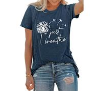 Just Breathe Dandelion T-Shirt for Women Dandelion Graphic Tees Short Sleeve Christian Shirts Tops, Navy Blue, Medium