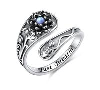 Just Breathe Lotus Moonstone Ring for Women Girls 925 Sterling Silver Oxidation Flower Spoon Rings for Anxiety Stress Relieving Yoga Gifts Adjustable Size Inspirational Band Ring
