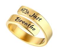 Just Breathe Lotus Ring - Adjustable Hope Ring for Women, Inspirational Just Breathe Lotus Flower Friendship Gift, Stainless Steel Adjustable Size Promise Ring (Gold)