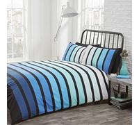 Just Contempo Retro Multi Shade Stripe Duvet Cover Set, Pacific Blue, Cotton Blend, Aqua Striped, Double