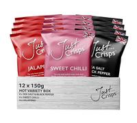 Just Crisps Hot Mixed Variety Box, 150g (Pack of 12). Sweet Chilli, Jalapeno, Sea Salt and Black Pepper. Handcooked Award Winning 100% Delicious British Crisps