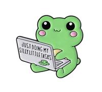 Just Doing My Silly Little Tasks Frog Enamel Lapel Pin - Cute Kawaii Frog with Laptop Hard Enamel Brooch Funny Work Humor Badge for Jackets, Backpacks, Hats and Lanyards - 2.8cm x 3cm