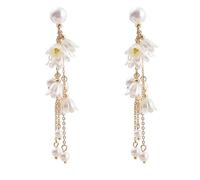 Just Follow Bell Orchid Flower Earrings for Women White Lily of the Valley Floral Simulated Pearl Long Tassel Dangle Drop Earrings Wedding Bridal Jewelry, L, Acrylic, No Gemstone