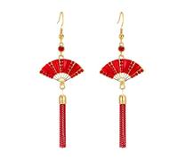 Just Follow Chinese Style Folding Fan Modeling Crane Cloud Earrings for Women Rhinestone Red Fan Tassel Earrings Creative Chinese Cultural Landscape Jewelry, L, Acrylic, No Gemstone