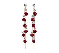 Just Follow Red Rose 3D Flower Drop Earrings for Women, CZ Crystal Rhinestone Long Statement Dangle Earrings, Purple Tassel Party Wedding Jewelry Gifts, L, Metal, No Gemstone