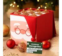 Just for Christmas Bauble Storage Box with Lid - Christmas Storage Box with Cardboard Dividers, Folds Flat for Easy Storage & Delightful Plush & Print Design on the Front (Red)