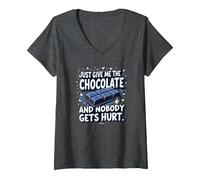 Just Give Me The Chocolate Funny Food Lover Graphic V-Neck T-Shirt, Women, Dark Heather Grey, M