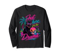 Just Here for the Drama Black Cat Tropical Retro Long Sleeve T-Shirt