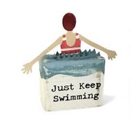 "Just Keep Swimming" Wild Swimming Handmade Rustic style Wood and Tin Free Standing Ornament, Stocking Filler Gift for Swimmer