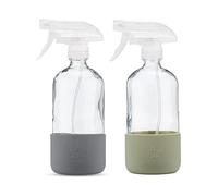 Just Like Joan Clear Glass Spray Bottle with Silicone Sleeve for Cleaning Solutions, Essential Oils, Plants, Vinegar - 16 oz, Refillable, Food Safe (2-PACK: Steel Gray & Sage Green)