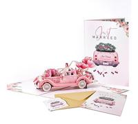 Just Married 3D Pop Up Wedding Card, 3D Wedding Card Pop Up Greeting Card for Bride and Groom, Vintage Car with Floral Watercolor Cover for Wedding, Anniversary, Valentine's Day (Pink)