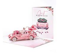 Just Married 3D Pop Up Wedding Card, Vintage Car Floral Design, Personalised Wedding Card for Bride and Groom, Unique Wedding Gift & Save the Date Card for Engagement, Newlyweds & Bridal Shower