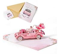 Just Married 3D Pop Up Wedding Card, Wedding Car with Newlyweds Floral Bouquet for bride and groom Romantic Weddings Cards for Marriage Engagement Anniversary Valentines Day (Pink)