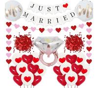 Just Married Balloons Wedding Decoration Set - 37 Pieces Romantic Decoration Mr and Mrs Diamond Foil Balloon, Heart Garland Banner Rose Petals Red White Balloons for Wedding Anniversary Marriage