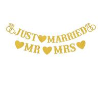 Just Married Banner,Gold Mr and Mrs Glitter Wedding Decoration,Just Married Letter Bunting Banners for Bridal Showers,Anniversary Celebrations and Reception Party Supplies A5JSJHHF