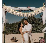 Just Married Burlap Banner, Wedding Bunting Banner with LED Fairy String Light 8 Flicker Mode, Hanging Sign Garland Pennant Photo Booth Props for Bridal Shower Wedding Engagement Car Party Decoration