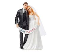 “Just Married” Cake Figurine - 13.5 cm High Wedding Couple / Bride and Groom with Banner - Cake Decoration for Wedding Cakes
