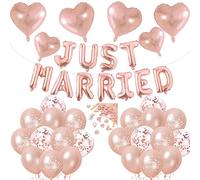 Just Married Decorations Wedding Balloons - Rose Gold Married Party Decoration Includes Latex Letters Banner Heart Foil Balloons Confetti for Engagement Bridal Shower Themed Party