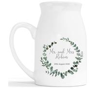 Just Married Flower Vase - Personalised Wedding Gift Ceramic Customised Milk Jug - Eucalyptus Leaf Circle Wreath 2nd Anniversary China Married Couple Keepsake - White 450ml