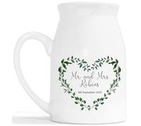 Just Married Flower Vase - Personalised Wedding Gift Ceramic Customised Milk Jug - Eucalyptus Leaf Heart Wreath 2nd Anniversary China Married Couple Keepsake - White 450ml