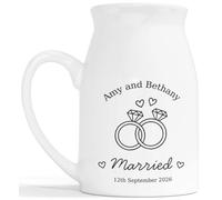 Just Married Flower Vase - Personalised Wedding Gift Ceramic Customised Milk Jug - Wedding Rings 2 Diamond 2nd Anniversary China Married Couple Keepsake - White 450ml