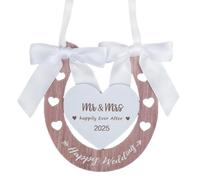 Just Married Happy Wedding Horseshoe Wooden with Heart, White, Wood, Good Luck Present Mr & Mrs Wedding Gifts Bride and Groom Horse Shoe