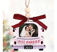 Just Married Personalized Christmas Ornaments, 2025 Wedding Gifts Personalized Wooden Ornaments with Photo Frame for Newlyweds Engagement Marriage Gifts
