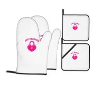 just married Print Heat-Resistant 4-Piece Oven Kitchen Gloves for Baking Cooking Microwaving Essentials