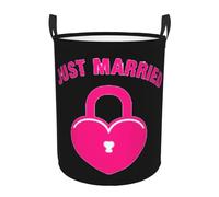 Just Married Printing Personalized Circular Dirty Clothes Hamper â€“ Standable Design, Works In Bathroom & Closet