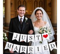 Just Married Wedding Banner - Romantic Card Paper Hanging Flag Decoration for Bridal Showers Anniversaries & Parties - Perfect Wedding Decor Supplies Just Married Garland Banners Balloons