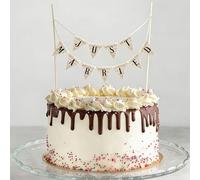 Just Married Wedding Cake Topper - Handmade Linen Pennant Banner with Wooden Poles - Rustic Vintage Cake Decoration for Wedding and Anniversary - Small Bunting Cake Topper Decor