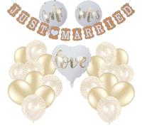 Just Married Wedding Decoration Bride and Groom Wedding Helium Balloons and Banner Decoration, Wedding Decoration in White and Gold for the Perfect Wedding Party Pack of 24