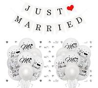 Just Married Wedding Decoration with 38 Balloons, 1pcs Just Married Banner, Just Married Car Decoration Mr and Mrs Balloons Silver Just Married Table Confetti for Wedding Bridal Shower Decorations