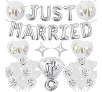 Just Married Wedding Decorations Balloons - 38 Pieces Silver Mr and Mrs Decoration, White Latex Balloon Romantic Heart Diamond Love Foil Balloons for Bride Groom Reception Supplies
