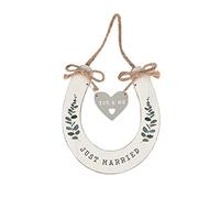 'Just Married' Wedding Horseshoe White with Hanging Heart
