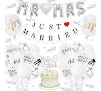 Just Married Wedding Party Decorations - Just Married Party Supplies Includes Bannner Mr & Mrs Balloons Cake Topper Latex Balloons Silver Confetti for Wedding Engagement Bridal Shower Decor