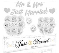 Just Married Wedding Party Decorations - Mr & Mrs Silver and White 25 x 150cm Banner, 23pcs Just Married Confetti Heart Balloons Decor for Bridal Shower and Engagement Party