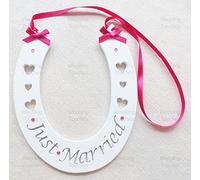Just Married White Wedding Handmade Lucky Horseshoe Hanging Wooden Accessory with Bright Pink Decoration