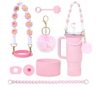 JUST MEET YOU 8 Pcs Cup Accessories for Stanley Cup 30oz 40oz Tumbler with Handle, Includes Hand Woven Water Bottle Handle Strap, Silicone Ring Boot Straw Cover and Leak Stoppers, Pink