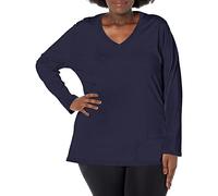 JUST MY SIZE Women's Plus Size Vneck Long Sleeve Tee, Hanes Navy, 1X