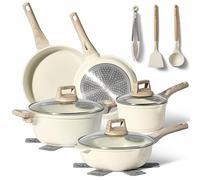 Just Perfecto Induction Cookware Set of Saucepans with Lid - All Heat Sources - Non-Stick Frying Pan - PFOA and PTFE Free - Set with Pans (13 x Biege)