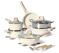 JUST PERFECTO Induction Pan Set with Lid - Pan 24 cm, Frying Pan 28 cm - Cooking Pot Set 28 cm Non-Stick Pan without PTFE and Pfoa (15-Piece Set Beige)