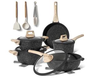 Just Perfecto Pots and Pans Sets Non Stick, Induction Hob Pan, Saucepan Set, Non Stick Frying Pan Set with Lid Stock Pot, Deep Frying Pan, Pots and Pans Set Granite Cookware Set of 14 pcs Granite Grey