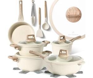 Just Perfecto Pots and Pans Sets Non Stick, Induction Hob Pan Set, Saucepan Set, Non Stick Frying Pan Set with lid Stock Pot, Deep Frying Pan, Pots and Pans Set Granite Cookware Set of14 pcs Biege