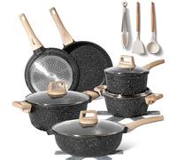 Just Perfecto Set of 15 Pots and Pans, Non-Stick Cookware Set, Black Granite Induction Cookware Non-Stick Set with Frying Pans and Saucepans (PFOS, PFOA Free)