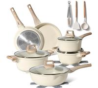 Just Perfecto Set of 15 Pots and Pans, Non-Stick Cookware Set, White Granite Induction Cookware Non-Stick Set with Frying Pans and Saucepans (PFOS, PFOA Free) (Beige)